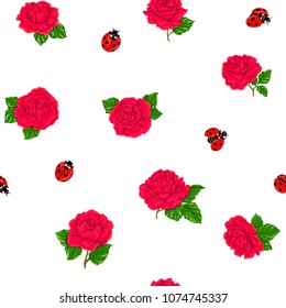 Ladybug and roses seamless pattern, texture; background. Isolated on white background. Vector illustration. 