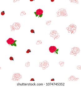 Ladybug and roses seamless pattern, texture; background. Isolated on white background. Vector illustration. Colored and outline drawing. 