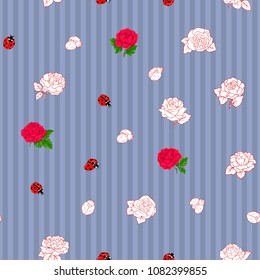 Ladybug and roses seamless pattern, texture; background. on jeance blue stripes background. Vector illustration. Colored and outline drawing. 