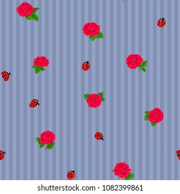 Ladybug and roses seamless pattern, texture; background. on jeance blue stripes background. Vector illustration. 