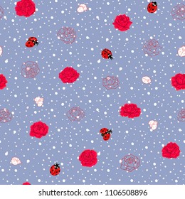 Ladybug and roses seamless pattern, texture; background. On denim blue background with white dots. Vector illustration. Colored and outline drawing. 