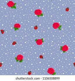 Ladybug and roses seamless pattern, texture; background. On denim blue background with white dots. Vector illustration. 