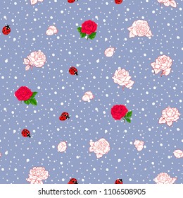 Ladybug and roses seamless pattern, texture; background. On denim blue background with white dots. Vector illustration. Colored and outline drawing. 