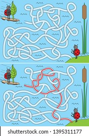 Ladybug sailing on a pond - maze for kids with a solution
