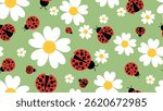 Ladybug seamless pattern background. Ladybug, leaves flowers illustration pattern. Ladybug, leaves flowers background. Perfect for fabrics, textile, wallpaper, decor. SSTKbackgrounds