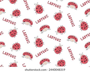 Ladybug seamless pattern. Cute bug character. Doodle outline ladybird. Kids funny background. Abstract wildlife animal illustration for design and fabric print