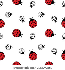 Ladybug Seamless Pattern. Cute hand drawn red insects on white background. Simple vector illustration
