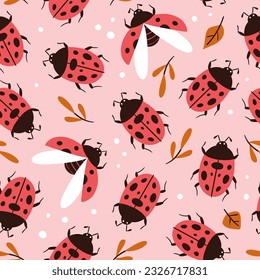 Ladybug seamless pattern. Cute ladybugs repeat pattern isolated on pink background. Square design. Vector illustration.