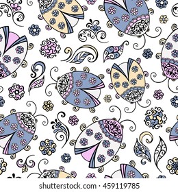 Ladybug seamless pattern. Decorative lace, a flower, a leaf, swirls. Hand drawn vector illustration.