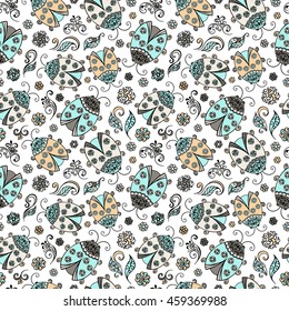 Ladybug seamless pattern. Decorative lace, a flower, a leaf, swirls. Hand drawn vector illustration.