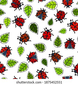 Ladybug nahtloses Muster mit Details unpassfarbigen Vektorgrafik, und schwarze Umrisse, grüne Abschnitte lassen Cartoon Vektorgrafik auf weißem Hintergrund.	
