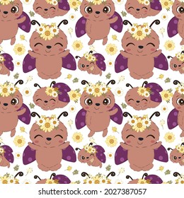 ladybug seamless pattern. Great for spring and summer wallpaper, backgrounds, invitations, packaging design projects. 
Surface pattern design.