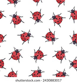 Ladybug seamless pattern. Hand drawn ladybird beetle print, cute spotted insect flat vector background illustration. Cartoon ladybird endless design