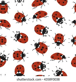 Ladybug seamless pattern. Hand-drawn ladybug. Isolated on white background. Flying insect. Wildlife. Red background black dot. Vector illustration.