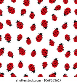 Ladybug seamless pattern, insects background. Red beetles with black circles on white background. For fabric design, wallpapers, wrappers, cloth, print, decorating. Vector illustration
