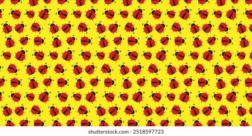 Ladybug seamless pattern. Ladybirds insects flying. Vector isolated on yellow background