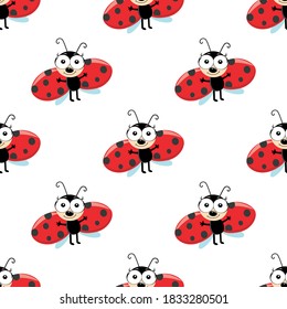 Ladybug Seamless Pattern on white background. Summer cute background. funny flying ladybird beatle, cartoon character with big eyes. textile print design, Wallpaper, packaging, decor.