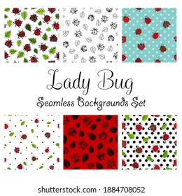 Ladybug seamless pattern  set, six patterns tiles, ladybug collection.