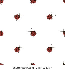 Ladybug seamless pattern. Simple flat design with insect. Cartoon vector pattern with bugs. Hand drawn illustration for print design. 