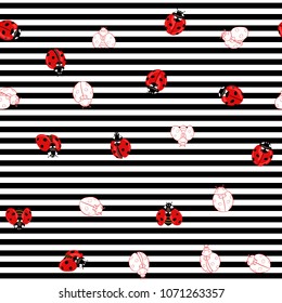 Ladybug seamless pattern, texture; background. Red ladybugs on black-and-white stripes background. Vector illustration. Colored and outline drawing. 