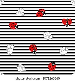 Ladybug seamless pattern, texture; background. Red ladybugs on black-and-white stripes background. Vector illustration. Colored and outline drawing. 