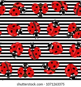 Ladybug seamless pattern, texture; background. Red ladybugs on black-and-white stripes background. Vector illustration