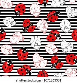 Ladybug seamless pattern, texture; background. Red ladybugs on black-and-white stripes background. Vector illustration. Colored and outline drawing. 