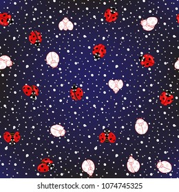 Ladybug seamless pattern, texture; background. Red ladybugs on dark blue background with dots. Vector illustration. Colored and outline drawing. 