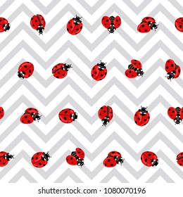 Ladybug seamless pattern, texture; background. Red ladybugs on gray zigzag background. Vector illustration