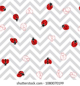 Ladybug seamless pattern, texture; background. Red ladybugs on gray zigzag background. Vector illustration. Colored and outline drawing. 