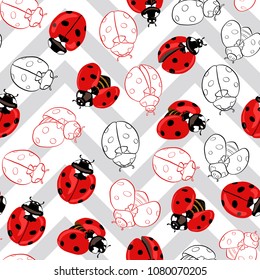 Ladybug seamless pattern, texture; background. Red ladybugs on gray zigzag background. Vector illustration. Colored and outline drawing. 
