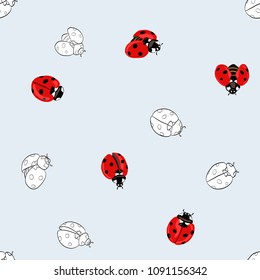 Ladybug seamless pattern, texture; background. Red ladybugs on blue background. Vector illustration. Colored and outline drawing. 