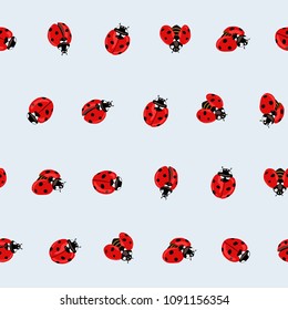 Ladybug seamless pattern, texture; background. Red ladybugs on blue background. Vector illustration