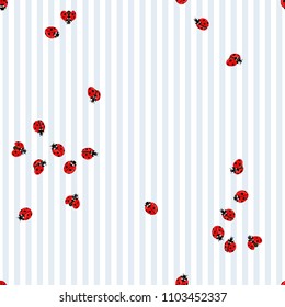 Ladybug seamless pattern, texture; background. Red ladybugs on blue stripes background. Vector illustration
