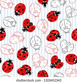 Ladybug seamless pattern, texture; background. Red ladybugs on blue stripes background. Vector illustration. Colored and outline drawing. 