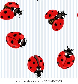 Ladybug seamless pattern, texture; background. Red ladybugs on blue stripes background. Vector illustration