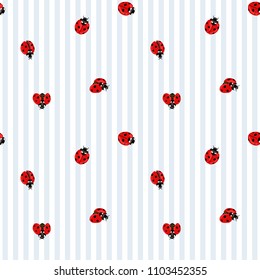 Ladybug seamless pattern, texture; background. Red ladybugs on blue stripes background. Vector illustration