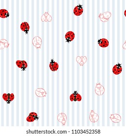 Ladybug seamless pattern, texture; background. Red ladybugs on blue stripes background. Vector illustration. Colored and outline drawing. 