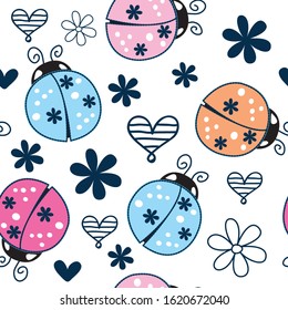 ladybug seamless pattern vector illustration, childish background for textile fabric or wrapping paper