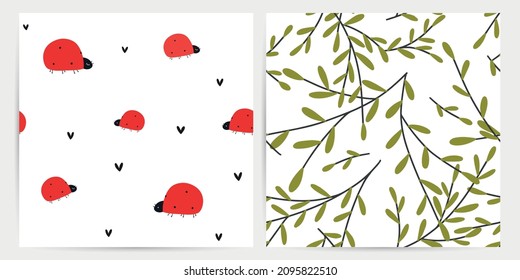 Ladybug seamless pattern vector set with green leaf twigs and hearts on white background. Cartoon insect repeat design for baby or toddler girl clothing.