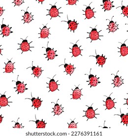 Ladybug seamless pattern. Watercolor insects repeating wallpaper with cute doodle ladybirds.Vector isolated on white background.