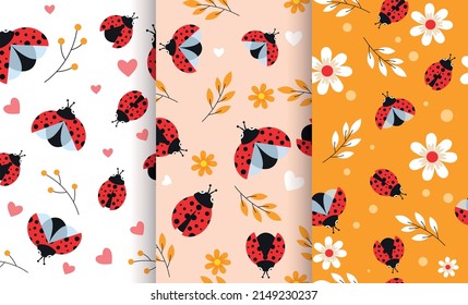 Ladybug seamless patterns. Collection of repeating images for printing on wrapping paper. Insects and nature, spring and summer season, plants, leaves and flowers. Cartoon flat vector illustration