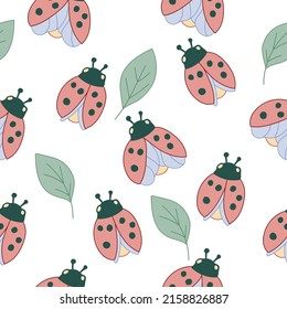 Ladybug seamless summer pattern for kids clothing and nursery wallpaper, vector illustration. Decorative endless background with ladybug and green leaves.