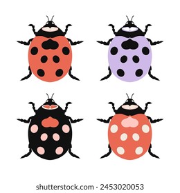 Ladybug set, bugs with abstract pattern vector illustration on white background. Red, black, violet ladybug with dots, modern abstract beetle collection