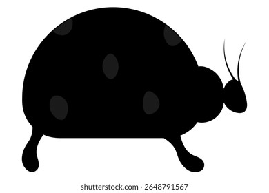 Joaninha. Vista lateral. Silhueta preta. Inseto com antenas e pontos cinzas nas costas. Ilustração vetorial. Fundo branco isolado. Ideia para web design.