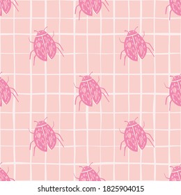 Ladybug silhouettes seamless doodle pattern. Stylized summer botanic pattern with insects in pink tones and chequered background. For wallpaper, textile, wrapping, fabric print. Vector illustration.