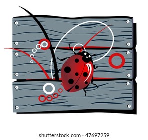 Ladybug sits on a stylized fence