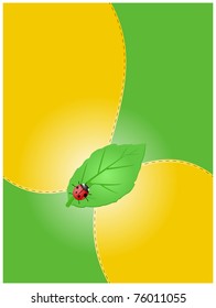 Ladybug sitting on a green sheet is located on an abstract background