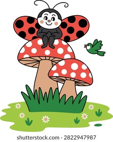 Ladybug sitting on mushrooms vector illustration