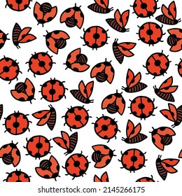 Ladybug sketch doodle seamless pattern. Children cute ladybirds red insects flying. Vector isolated polka dot on white background vector illustration.